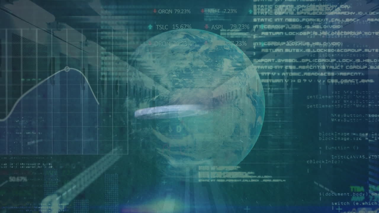 Animation of data processing and globe over server room and chip