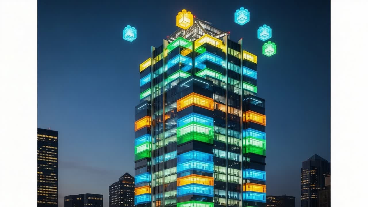 A Futuristic Building Illuminated at Night with Vibrant Colors and Floating Geometric Shapes, Showcasing Modern Architecture and Urban Design Elements