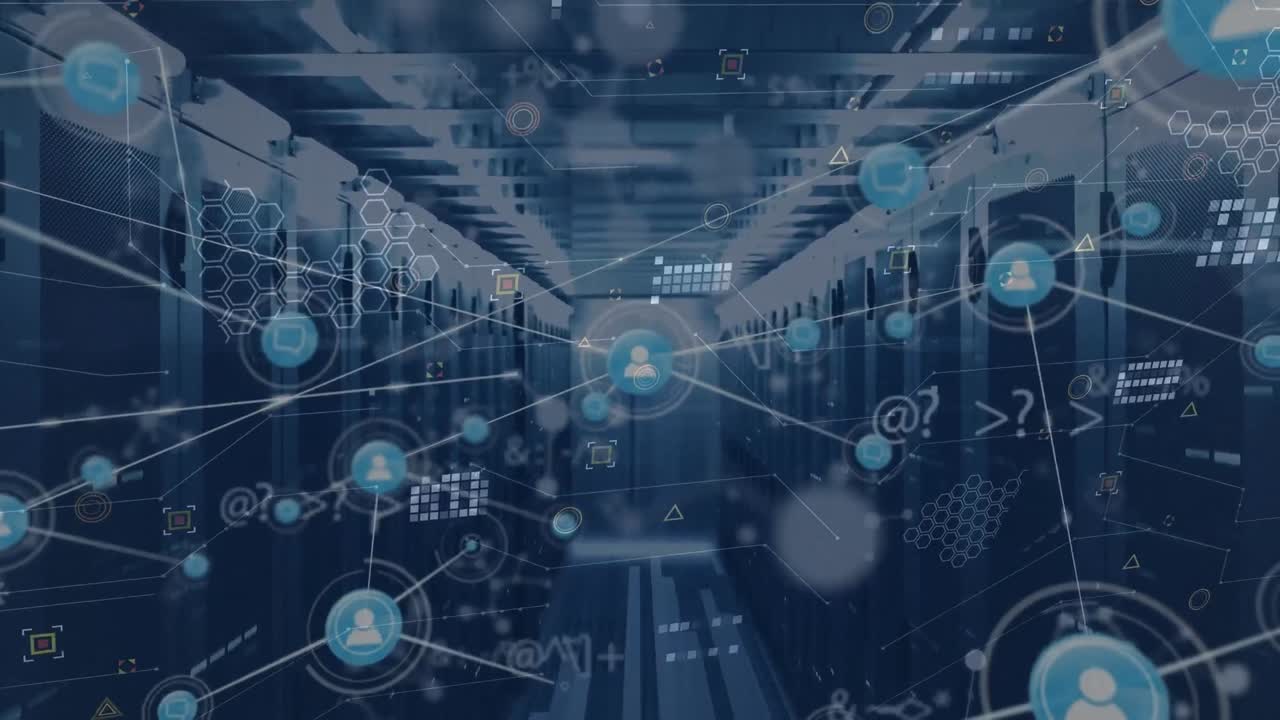 Animation of network of connections and data processing over server room