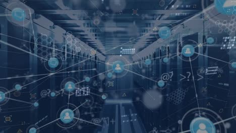 animation of network of connections and data processing over server room