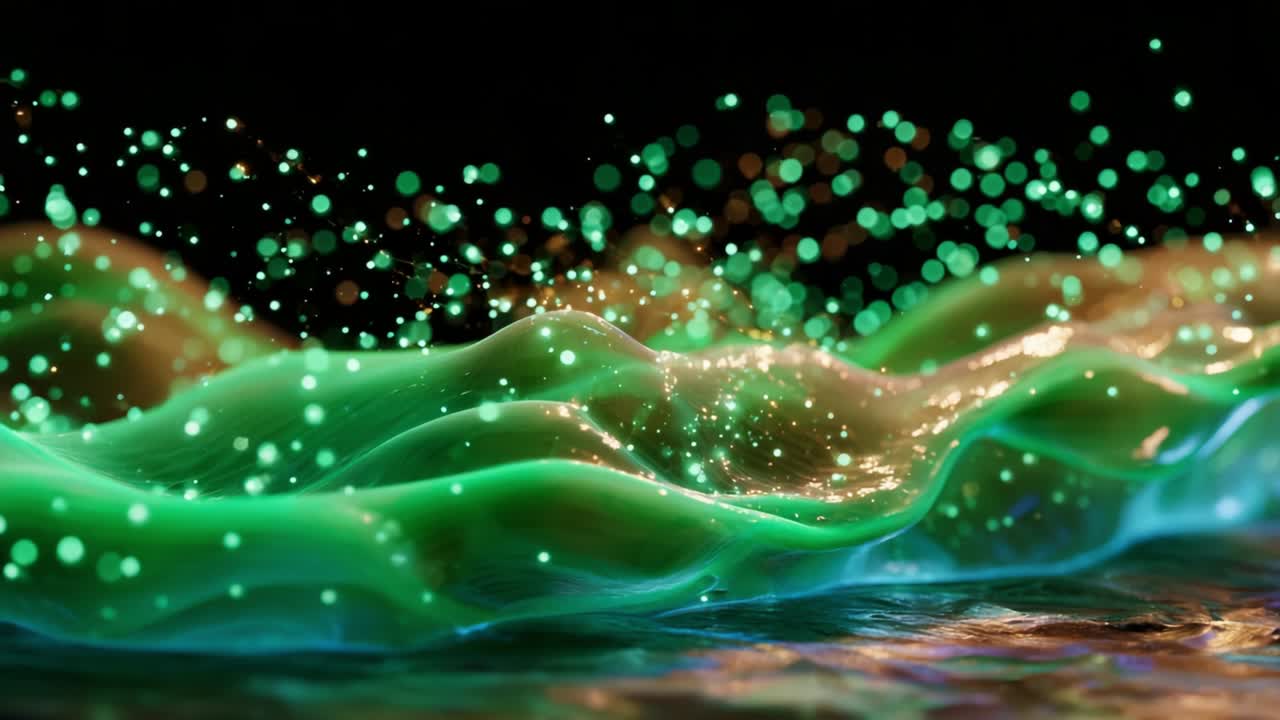 A Stunning Visualization of Fluid Dynamics Showcasing Vibrant Green Waves, Sparkling Particles, and Ethereal Light Interactions, Capturing the Essence of Motion and Beauty in Nature's Elements