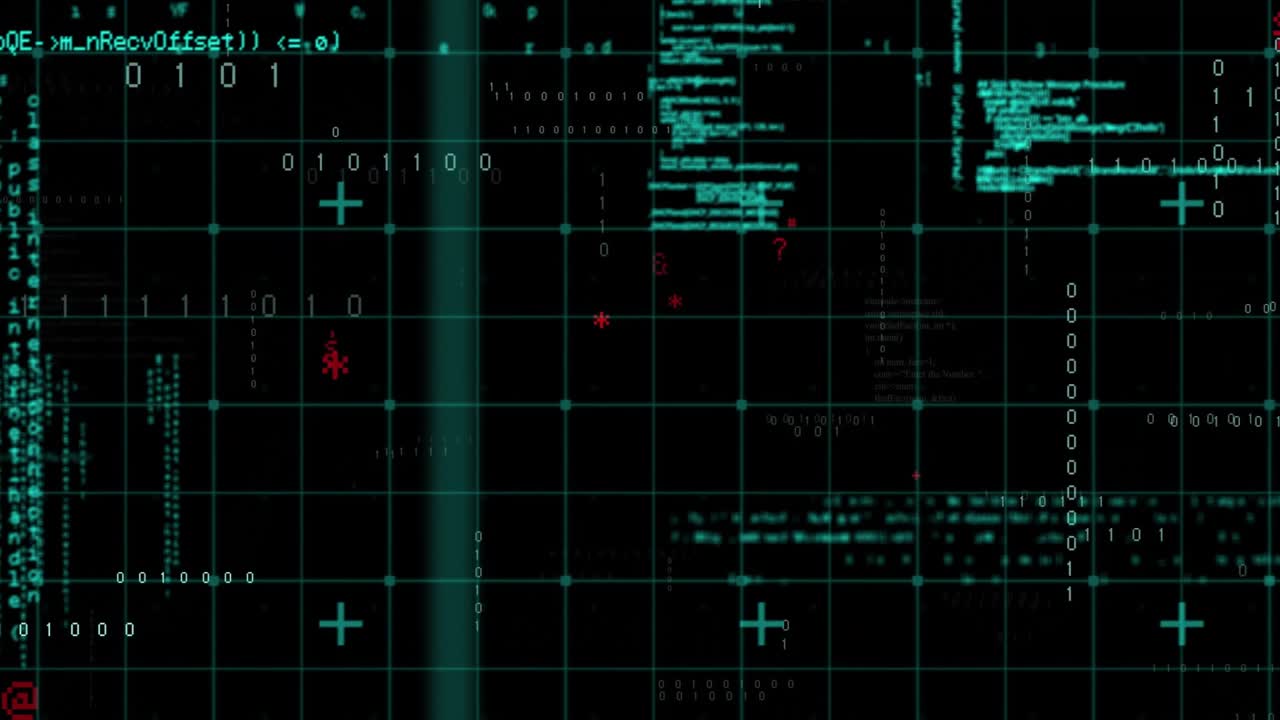Code grid opening on cyan lines drifting tokens scrolling code cascading binary visualizing flow
