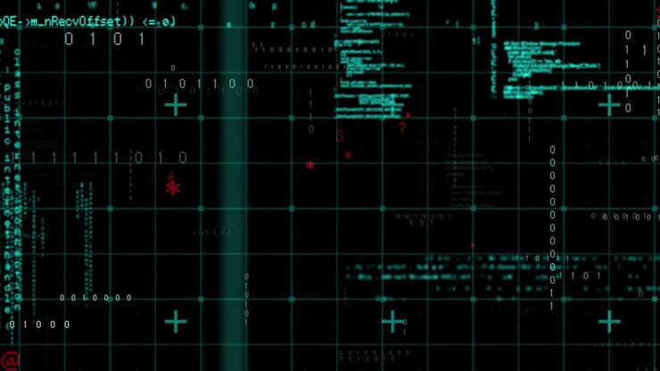 Et kode-gitter åbner med cyanfarvede linjer, drivende tokens, rullende kode og kaskaderende binær, der visualiserer dataflow.