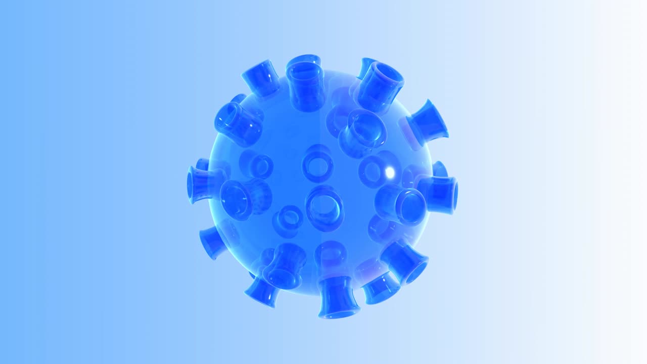 SARS-COV2 (COVID-19), particella di coronavirus generata al computer, renderizzata e in rotazione in un loop infinito e continuo