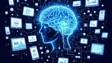 digital illustration showcasing a human brain illuminated in blue, interconnected with various technology and data elements, representing the fusion of human intellect and digital innovation