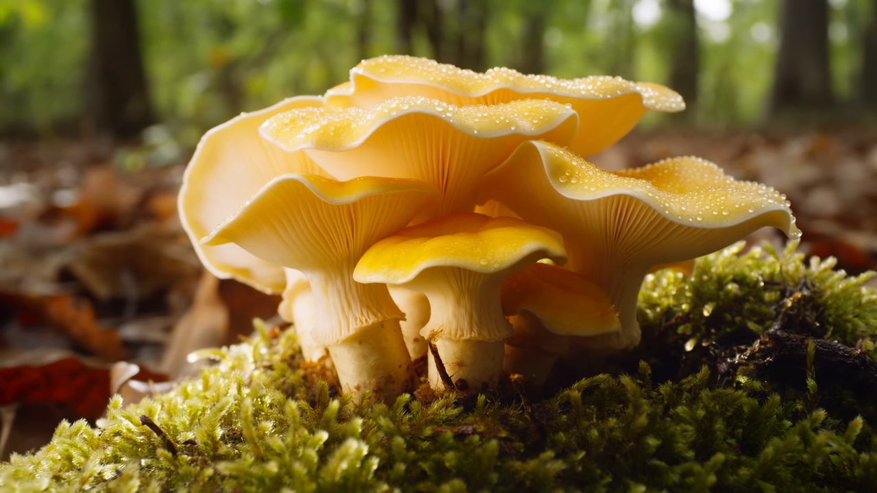 Closeup Golden Mushrooms On Moss, Dewkissed Chanterelle Cluster On Damp Forest Floor With Soft Bokeh Of Tree