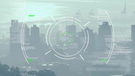 animation of circles, lines and computer language over aerial view of fog covered modern city