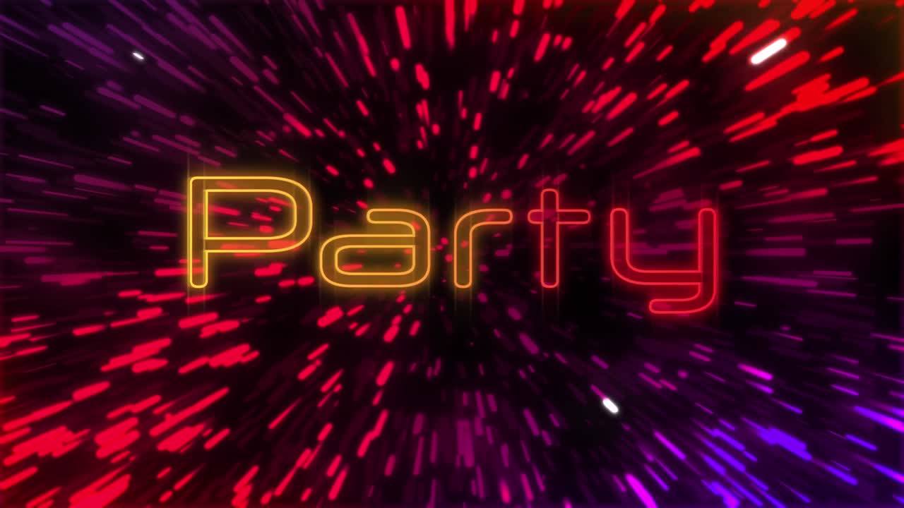 Animation of party text over light trails on black background