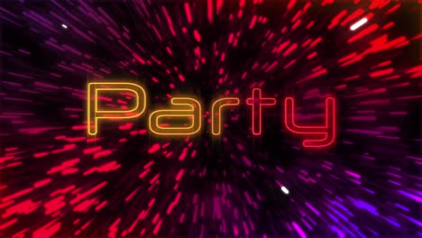 animation of party text over light trails on black background