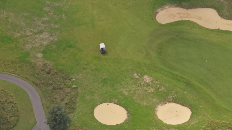 Sorvolo con drone: lussureggiante campo da golf con bunker e fairway, 18 buche