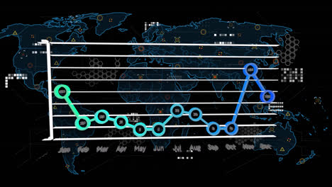 animation of financial graphs, data and world map on black background