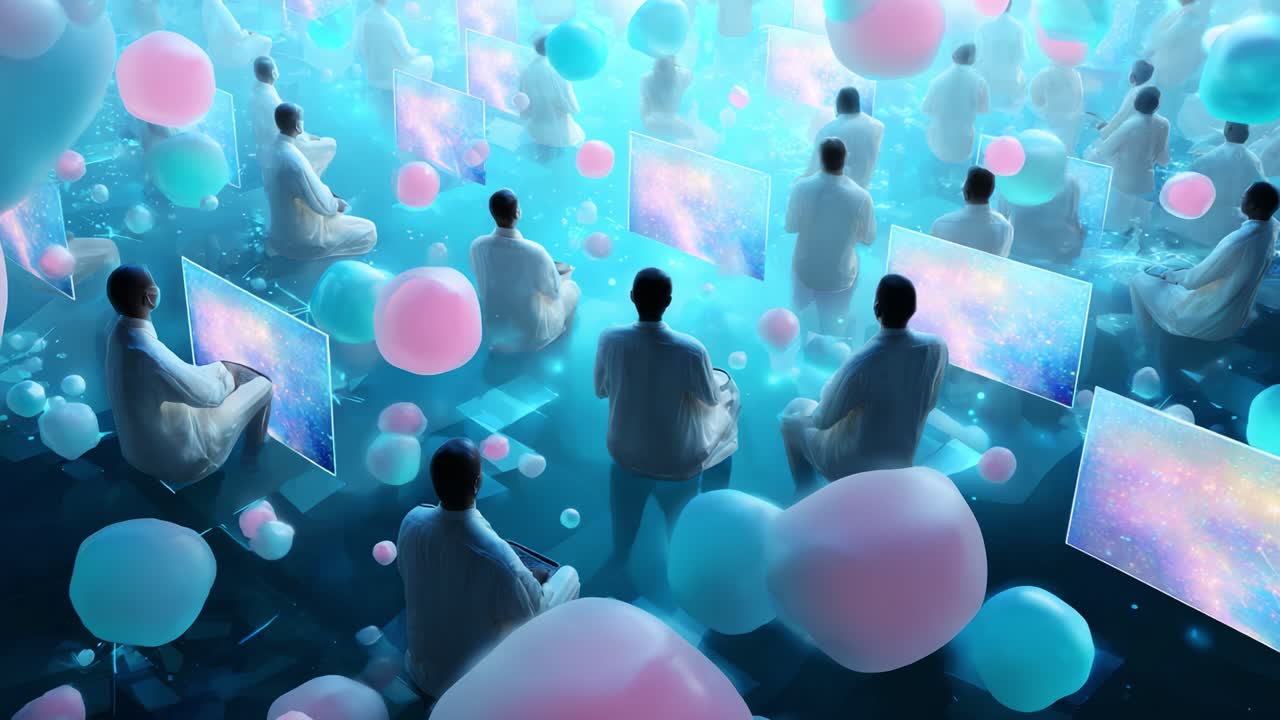 A Tranquil Scene of Meditation Amidst an Ethereal Array of Digital Screens and Colorful Abstract Forms, Inviting Contemplation in a Dreamlike, Surreal Environment