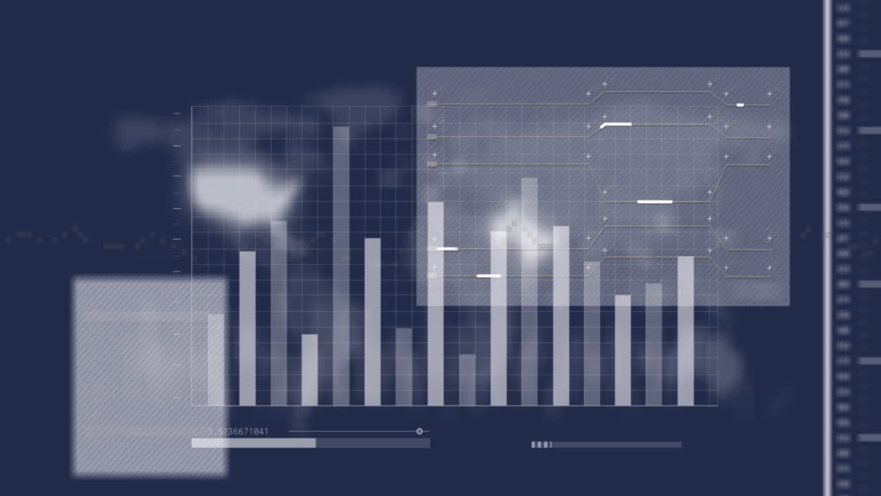 Animation of financial data and world map on navy background