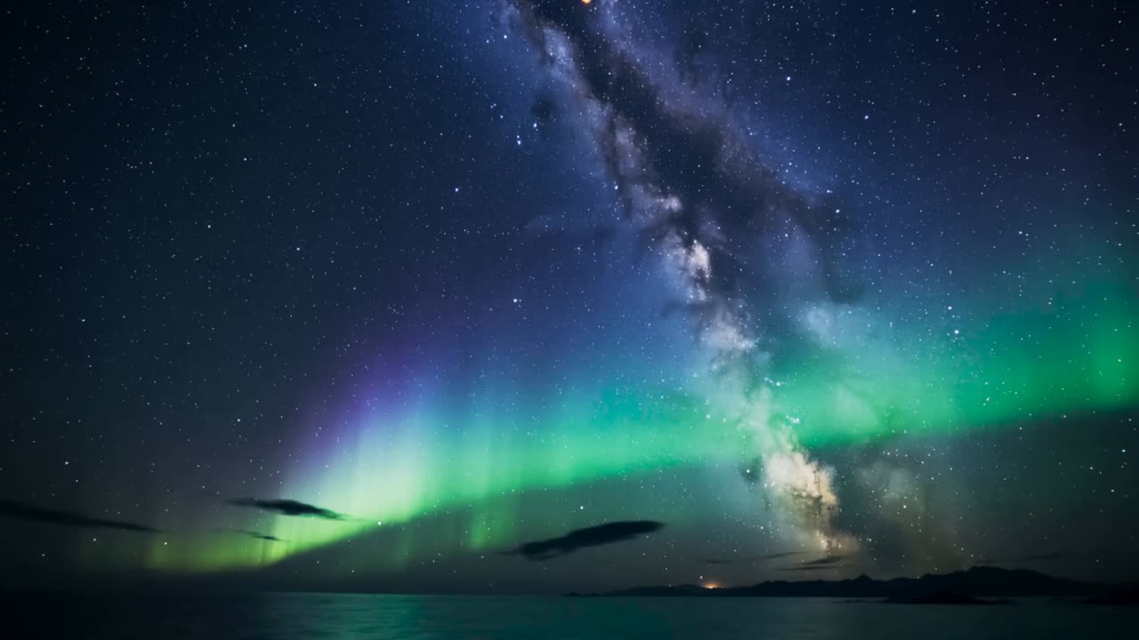 Aurora in streaming e Via Lattea che sorge sull'acqua costiera di notte, meteore che solcano il cielo durante una pioggia di stelle