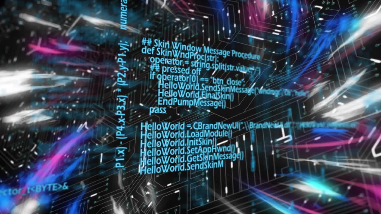Animation of lights and data processing on black background