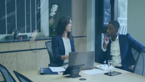 animation of data, world map, caucasian businesswoman discussing on laptop with african colleague