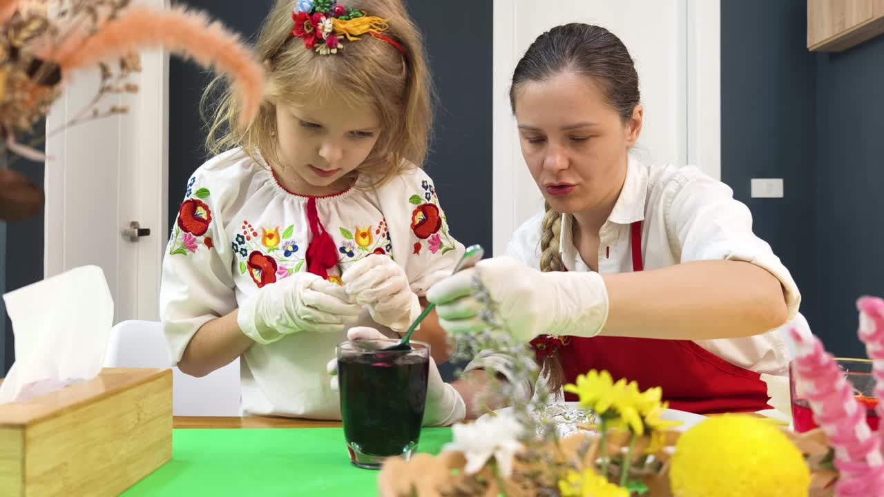 мать и дочь красят пасхальные яйца вместе