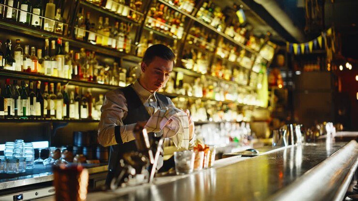 Il personale serale lucida il tavolo del bar in un ambiente lounge suggestivo. Il cameriere riordina l'area di lavoro