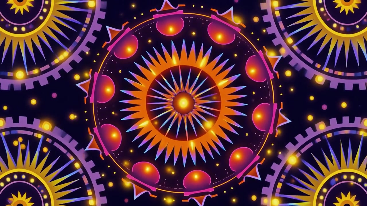 Motivo Mandala Astratto Rotante con Luci al Neon Scintillanti