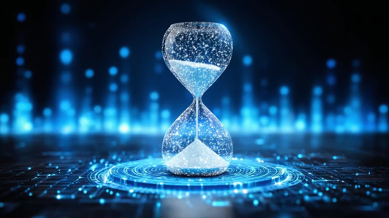 A mesmerizing hourglass, illuminated in a futuristic setting, captures the essence of time flowing through sparkling particles, blending technology and artistry in a digital realm