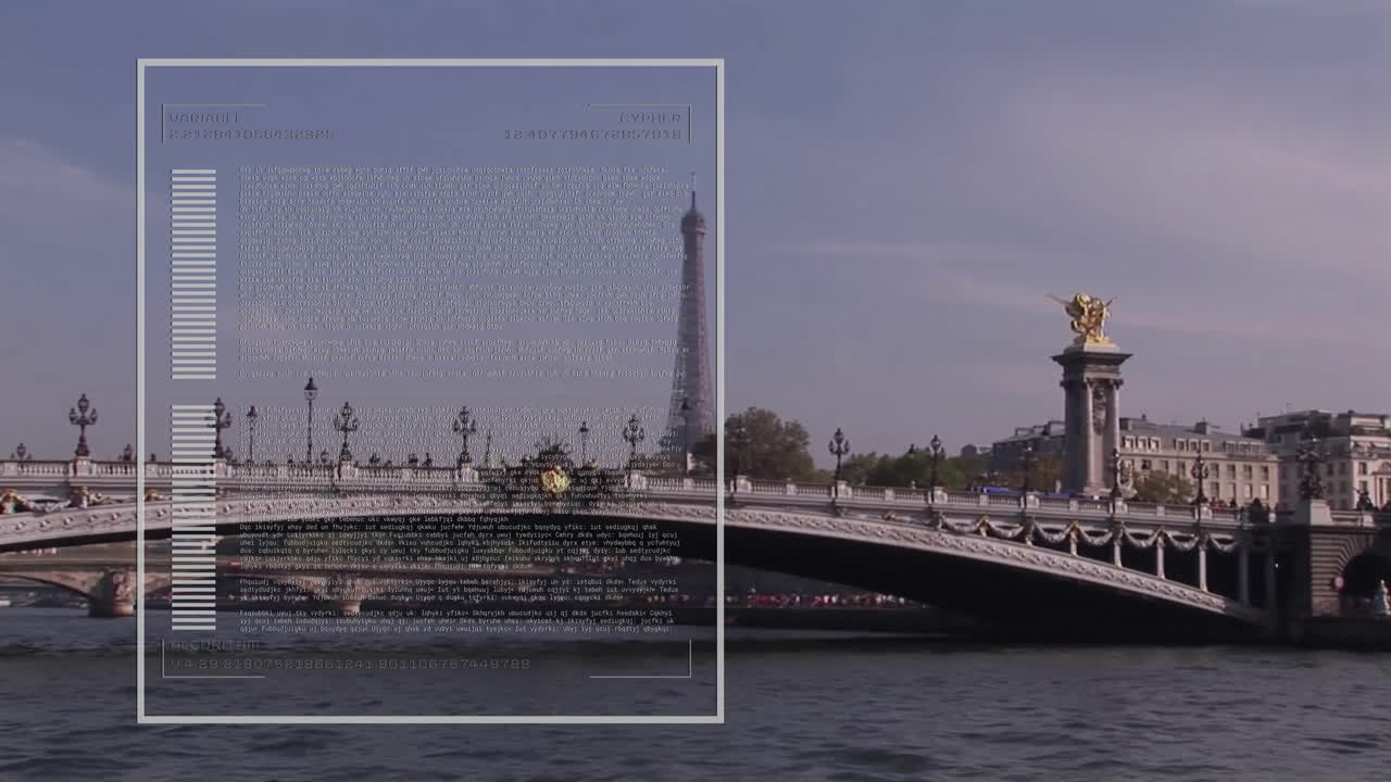 Data processing animation over bridge and Eiffel Tower in background