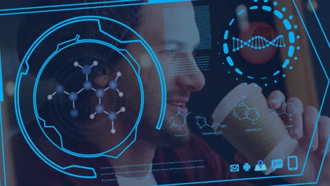 Animación-De-Fórmula-Química-Y-Procesamiento-De-Datos-Sobre-Un-Hombre-Caucásico-Tomando-Café