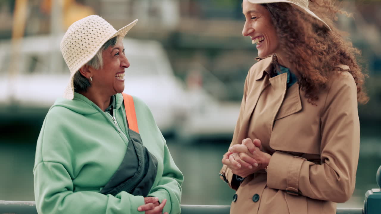 Smile, wind and women tourist in harbor with hat