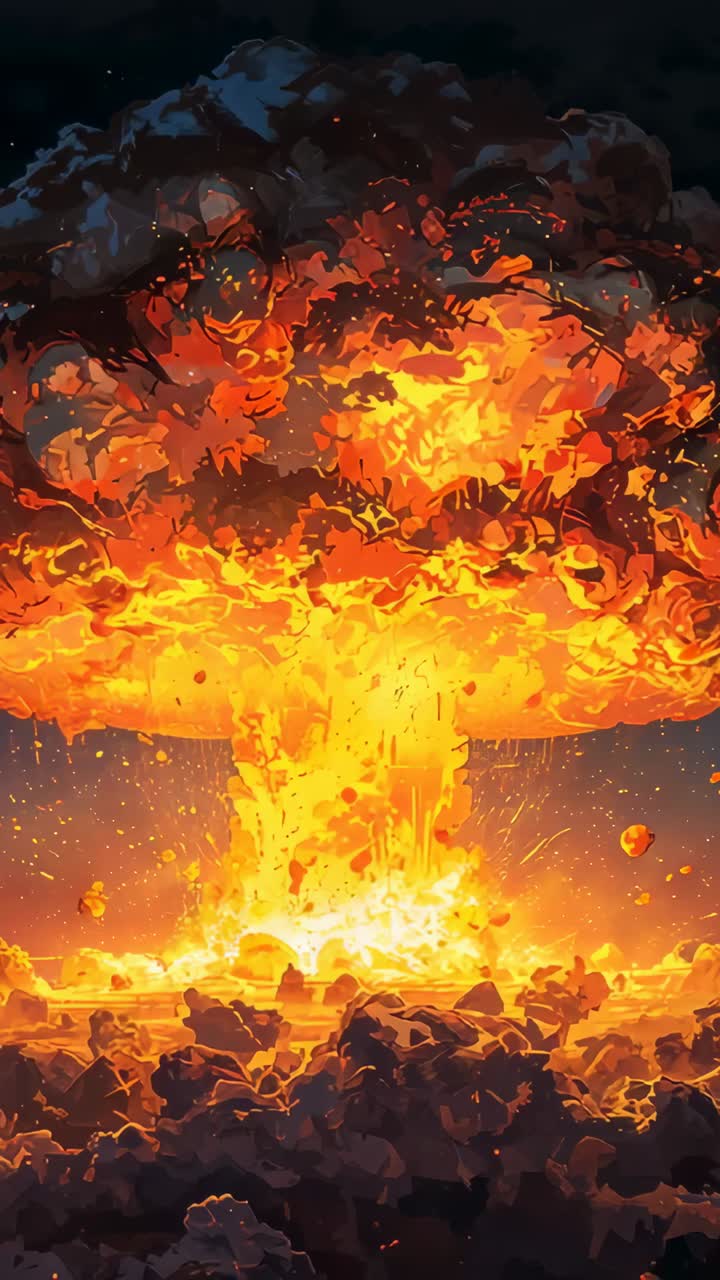 Vertical video: Fire column erupting from rocky ground forming mushroom cloud and scattering debris