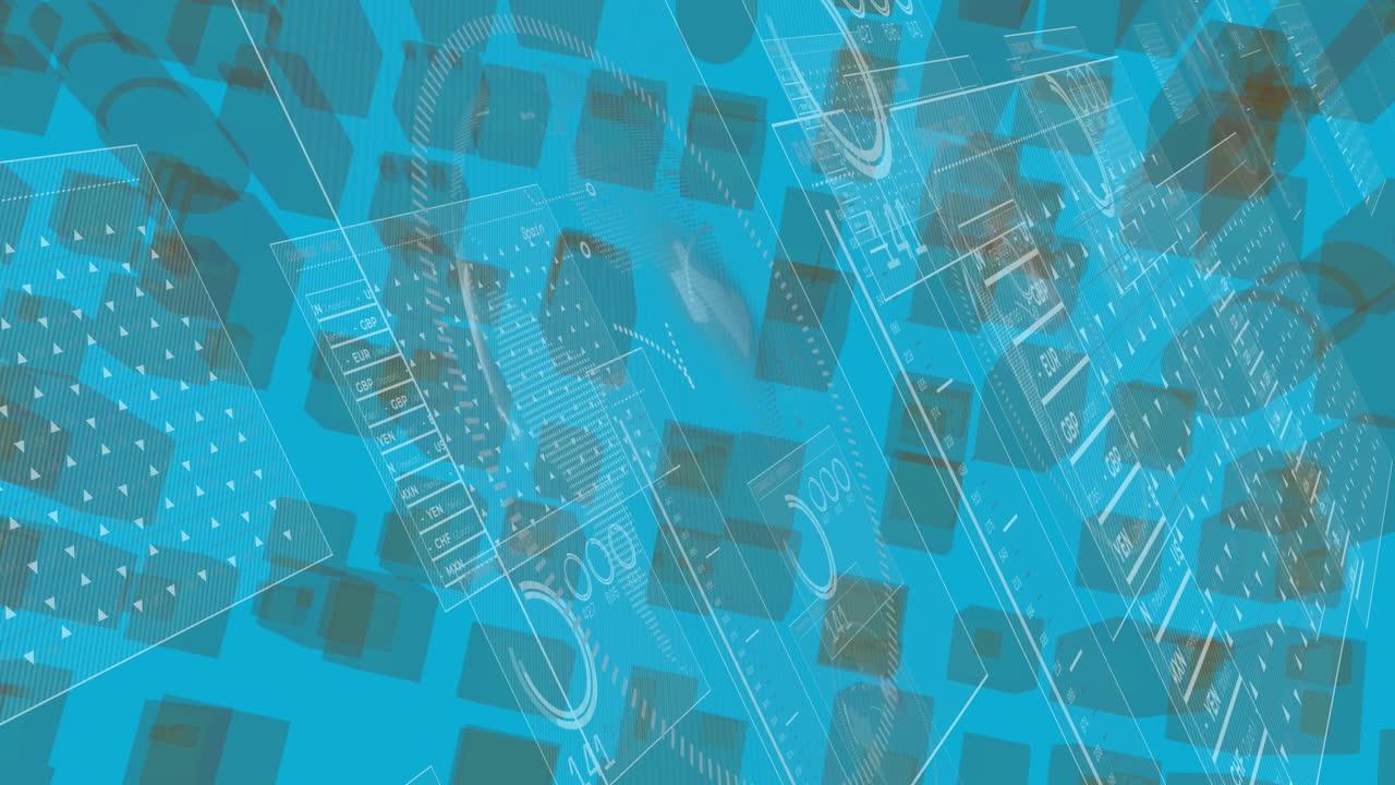 파란색 배경에 대한 3d 추상적인 모양에 대한 데이터 처리 인터페이스의 애니메이션