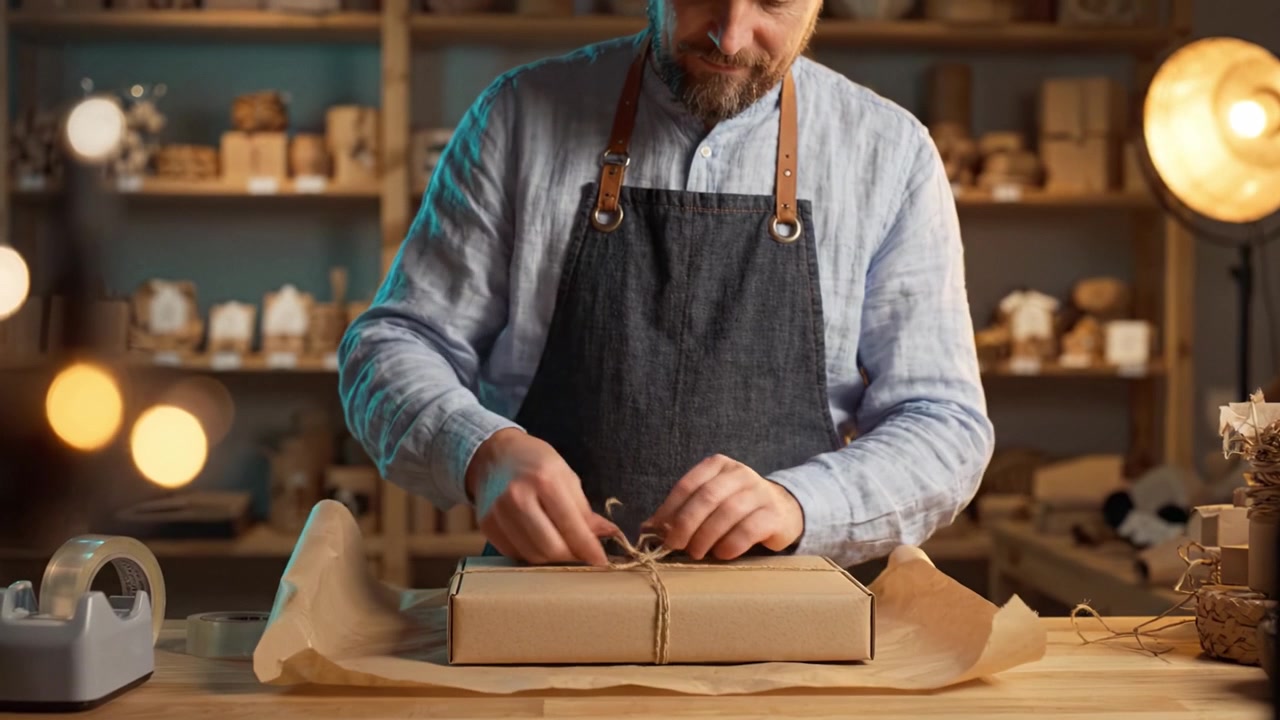 Creative Packaging Preparation: A Craftsman Expertly Wraps and Secures a Gift Box with Twine in a Cozy Workshop Filled with Handmade Goods and Warm Lighting