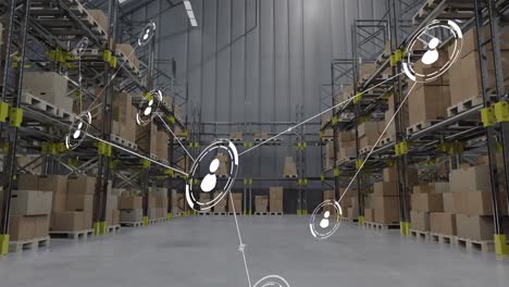 animation of network of conncetions with icons over warehouse