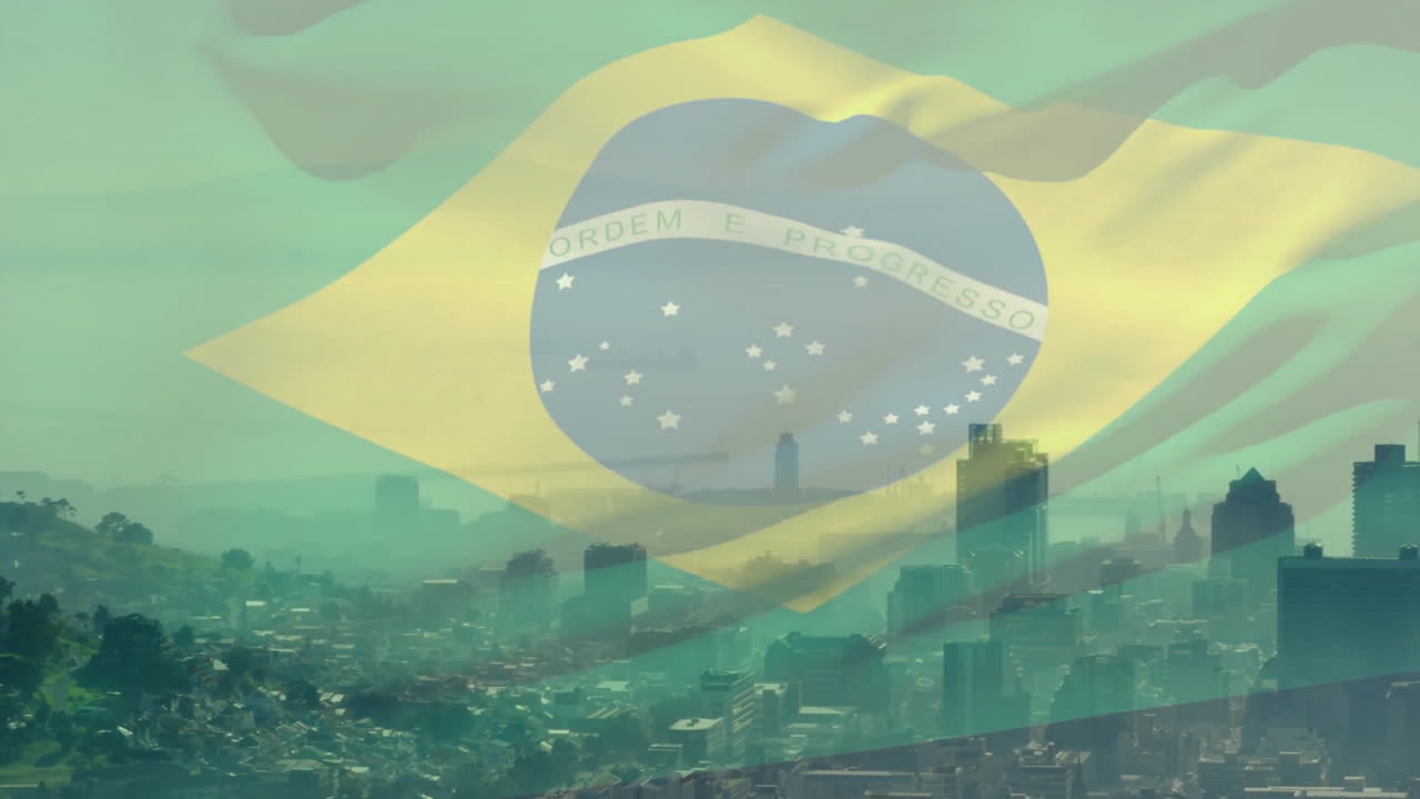Brazilian flag animation over cityscape with tall buildings and mountains