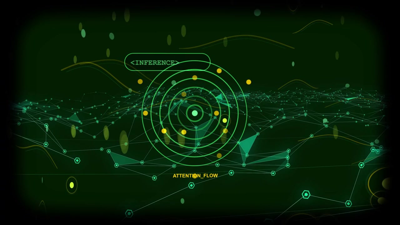 Ring hub pulsing core starting orbiting nodes, mesh flowing, packets dropping, showing attention
