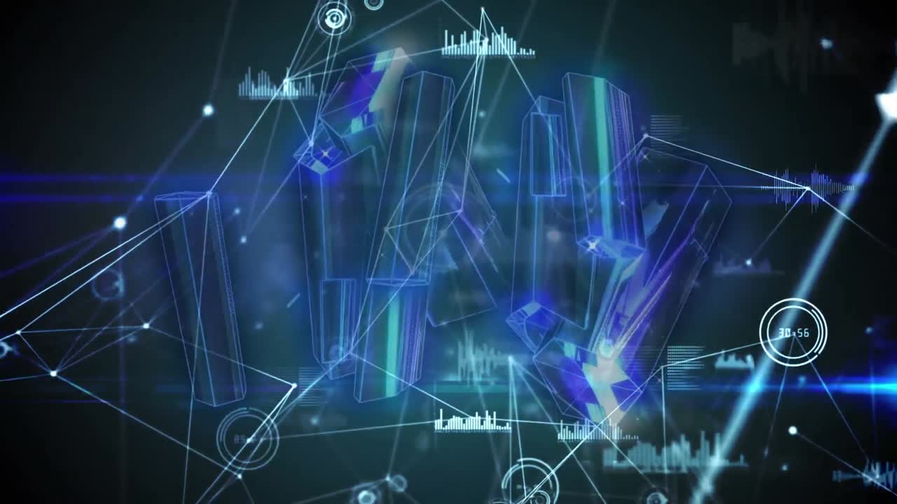 검은색 배경에 데이터 처리를 가진 연결 네트워크를 통해 크리스탈의 애니메이션.