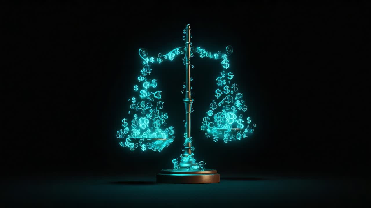 Abstract concept of financial justice featuring glowing blue dollar signs forming the shape of balancing scales, symbolizing the relationship between money, law, and economic equilibrium
