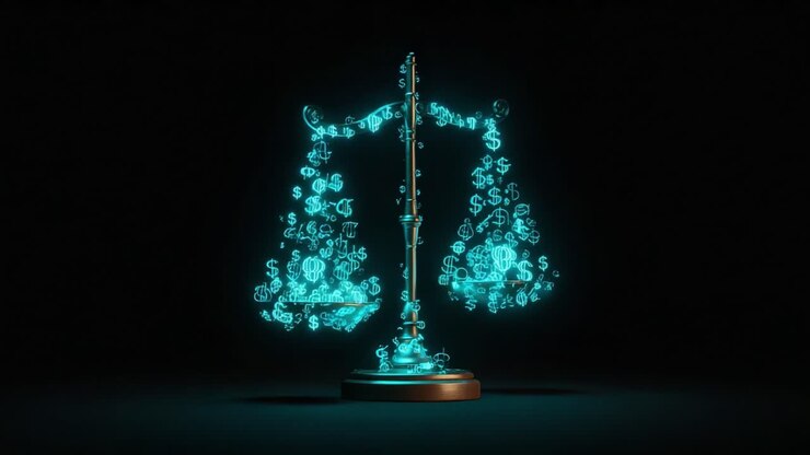 Abstract concept of financial justice featuring glowing blue dollar signs forming the shape of balancing scales, symbolizing the relationship between money, law, and economic equilibrium
