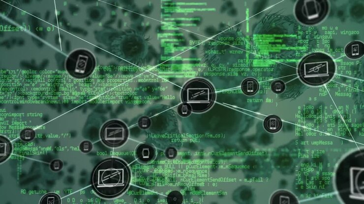 Network of digital icons and data processing over multiple covid-19 cells on green background
