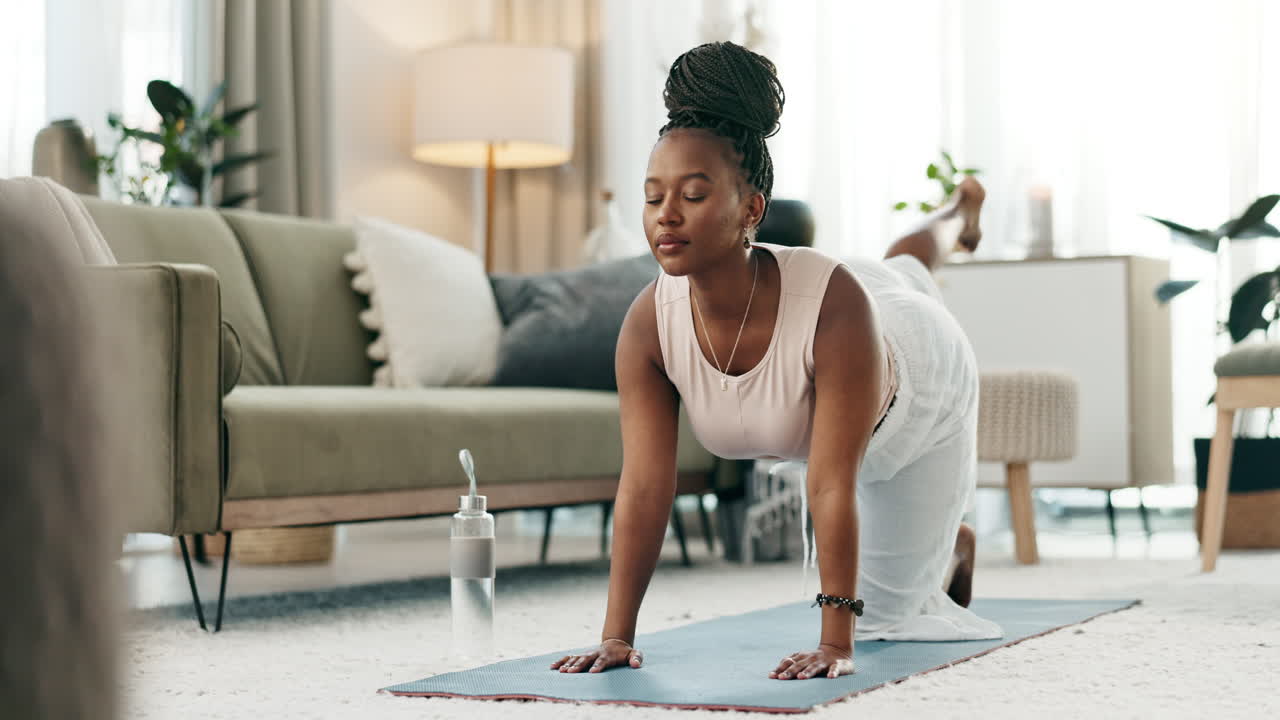 Yoga, legs or black woman stretching in home