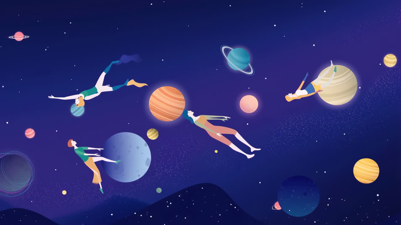 People floating among planets in space