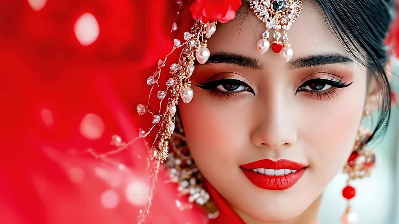 A woman in a red dress with a flower in her hair