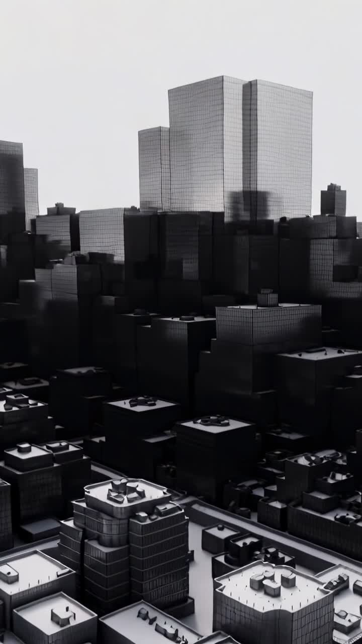 Vertical video: Pulling back camera, monochrome city model revealing blocky towers and grid, HVAC