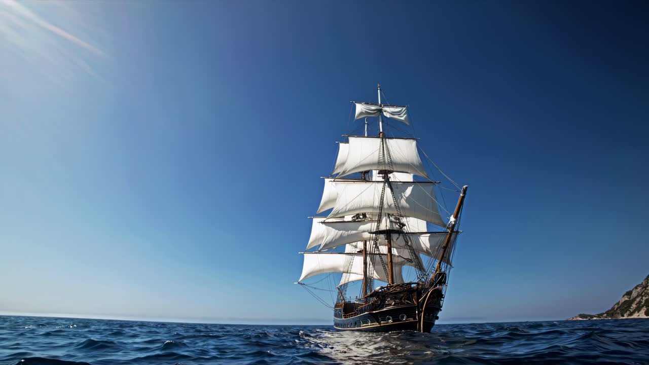 A majestic sailing ship on the ocean, captured from a low-angle, cinematic style