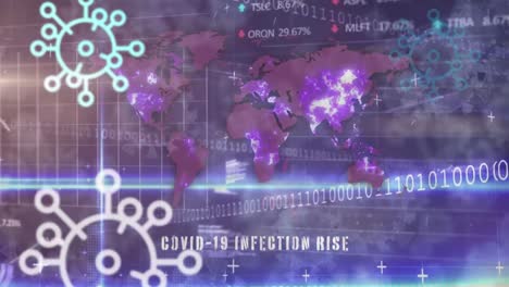 animación de células de virus sobre el mapa del mundo y procesamiento de datos