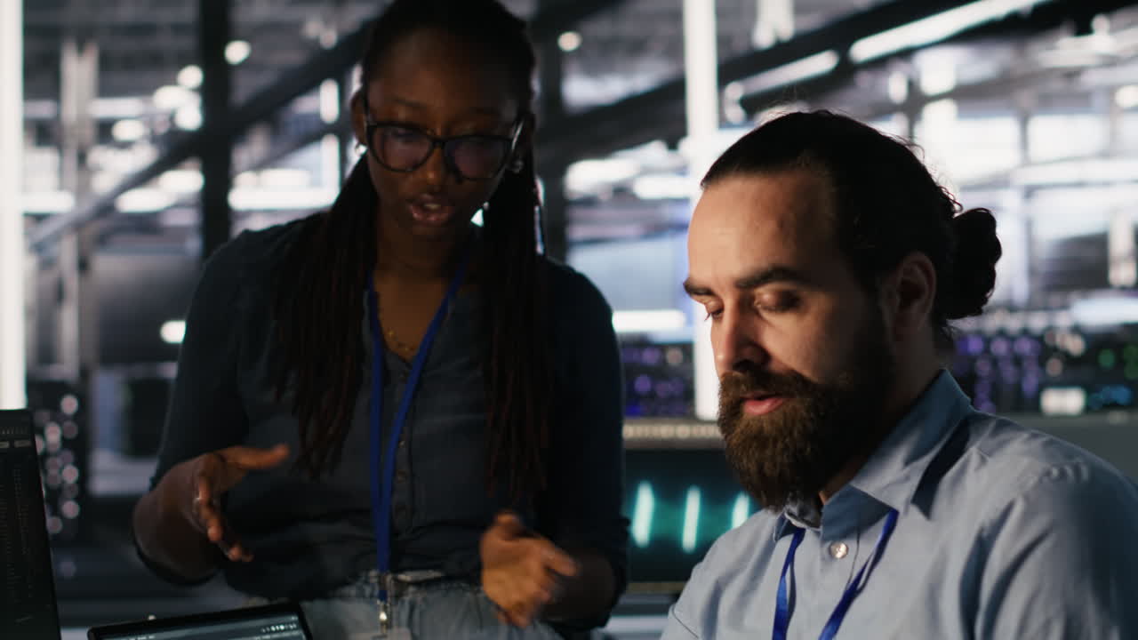 Vertical video Data center system administrators working together