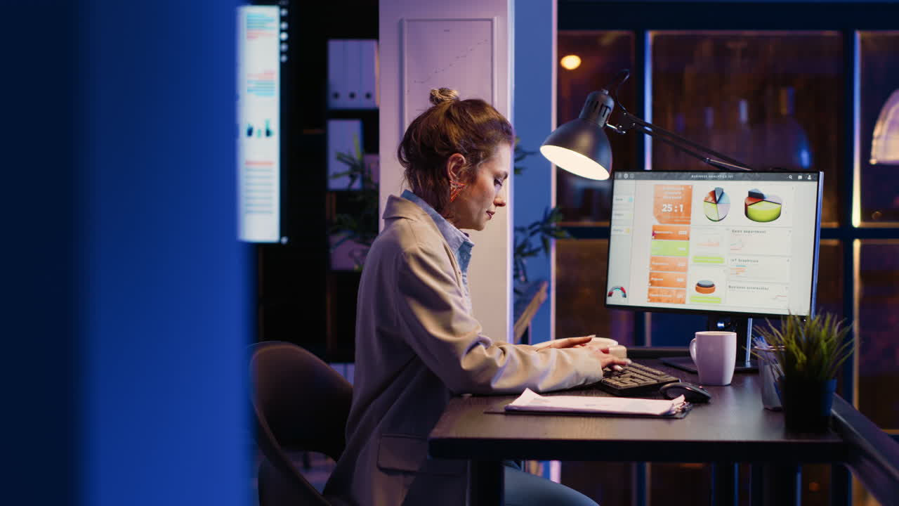 Kvinde, der arbejder ved sit skrivebord om natten