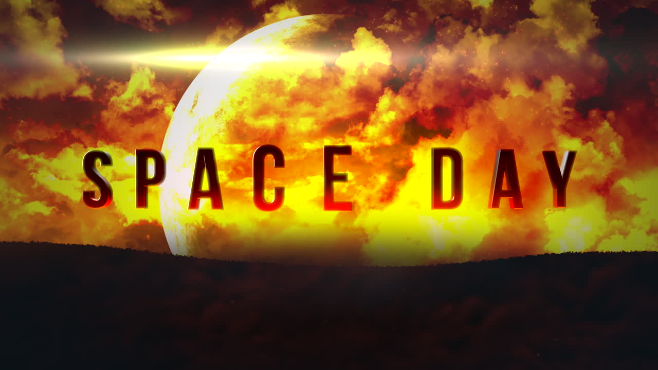 день космонавтики с большой планетой и красными облаками в галактике