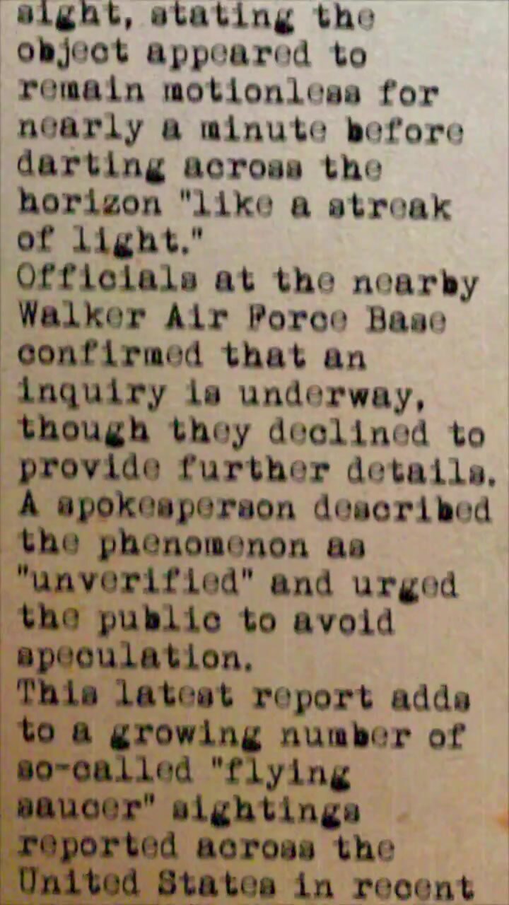 Stylized retro newspaper layout scrolling through an eyewitness account of a flying saucer crash in Roswell. Ideal for historical documentaries, sci-fi series, and mystery video essays.