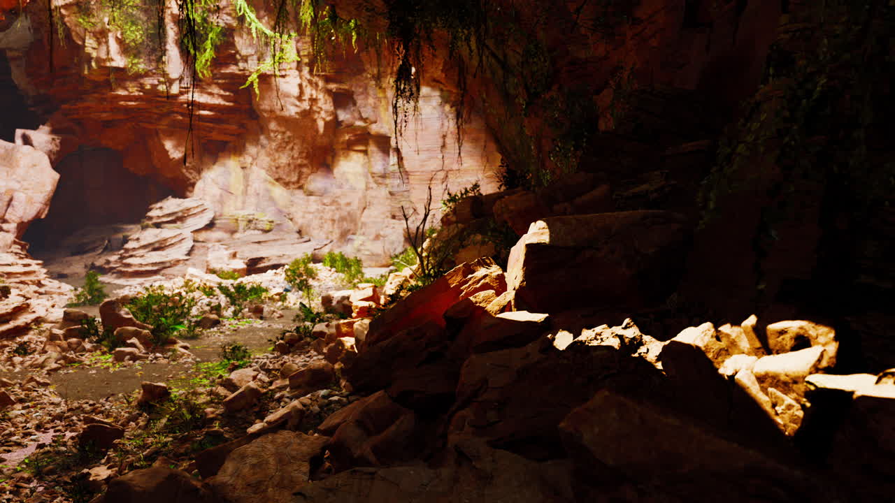 Sunlit cave entrance in a lush jungle