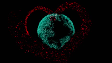 hearts background, valentine day red heart running around globe simulation on black background. saint valentines greeting card motion design with love around the world concept.