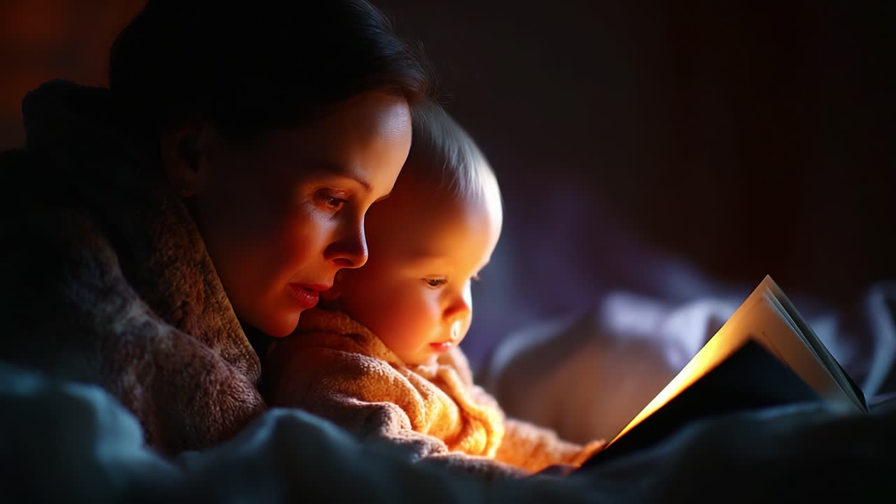 A Heartwarming Scene of a Mother Reading to Her Baby in the Soft Glow of a Cozy Room, Capturing the Essence of Bonding and Imagination Through Shared Stories